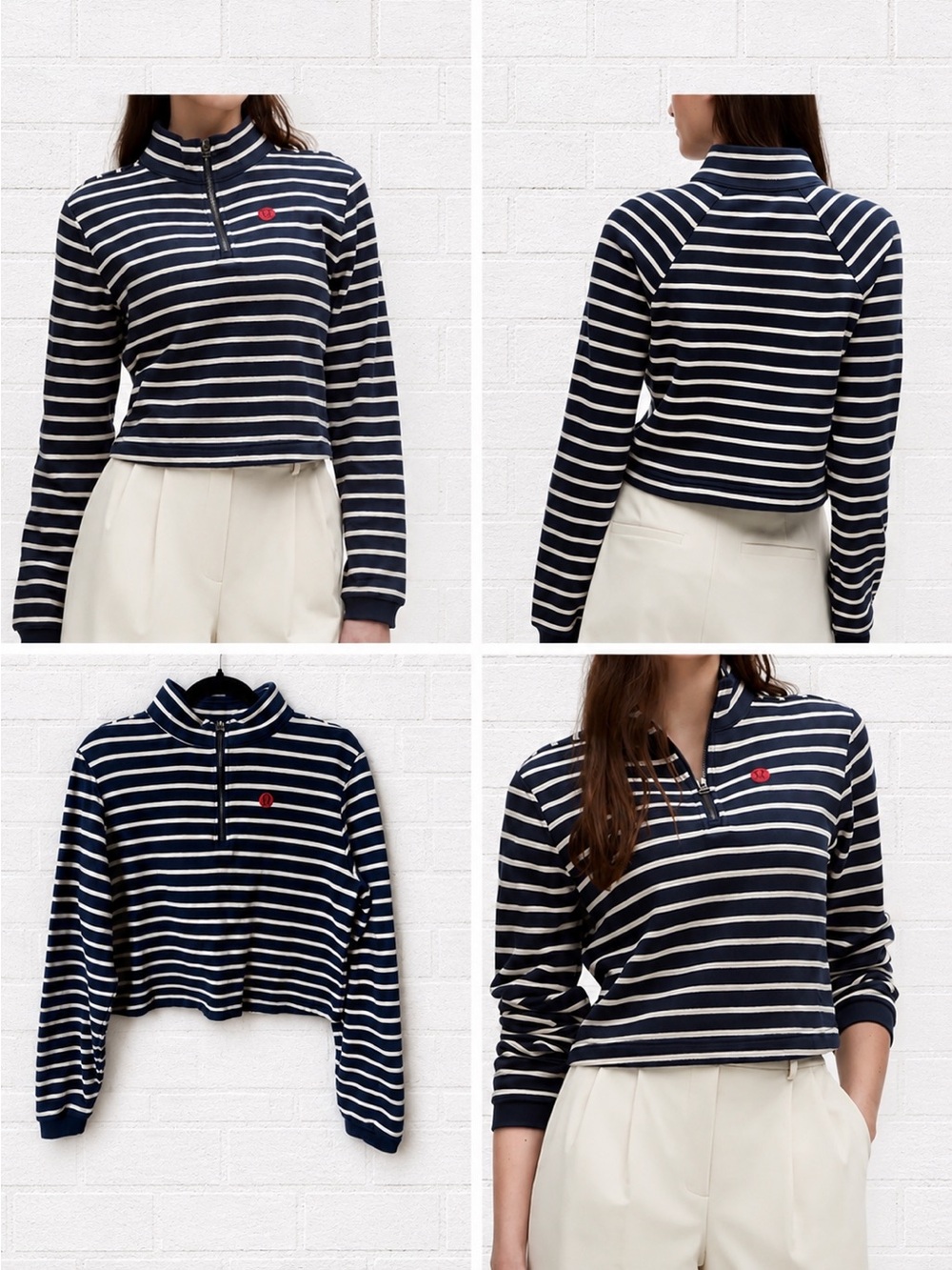 Lululemon Navy & Ivory Cotton French Terry Cropped Half Zip PTP 19”